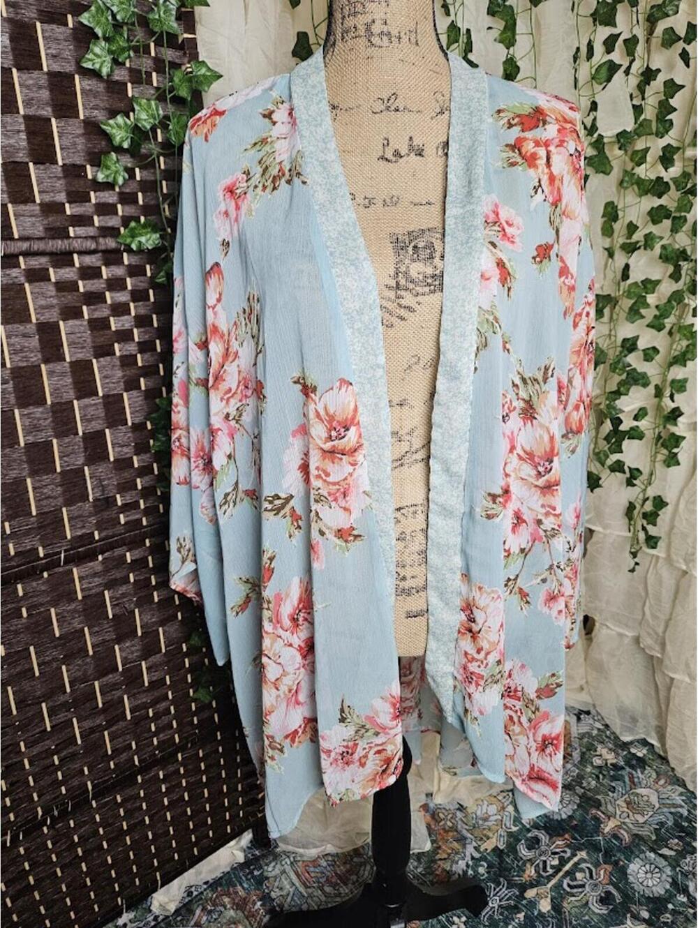 Band of Gypsies Blue Floral Kimono Boho Cottagecore Fairycore Sheer Cardigan